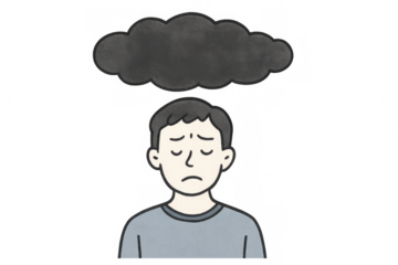 Depressed male sitting with lowered head, dark thought cloud overhead, representing mental health struggle against transparent backdrop