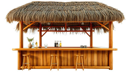 Wooden beach bar counter with thatched roof isolated on transparent background