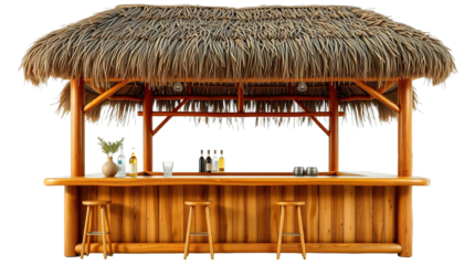 Wooden beach bar counter with thatched roof isolated on transparent background