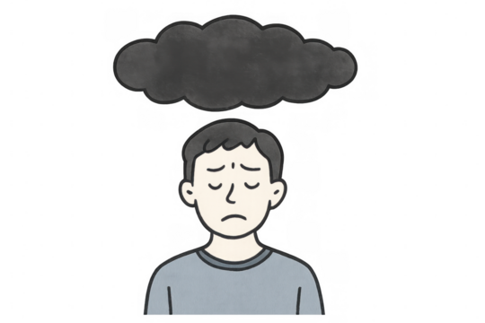 Depressed male sitting with lowered head, dark thought cloud overhead, representing mental health struggle against transparent backdrop
