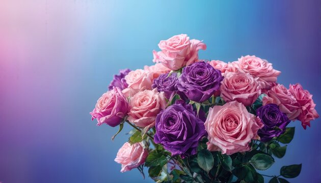 a lush bouquet of pink and purple roses stands against a vibrant, gradient blue and violet background.