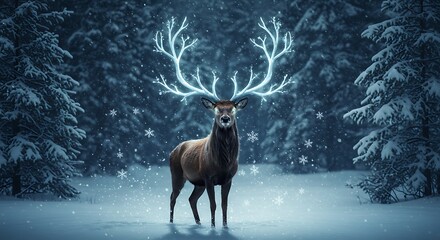 A majestic fantasy Christmas reindeer with glowing antlers shaped like frosted tree branches, shimmering snowflakes floating around, set in a magical winter forest under moonlight, 8k resolution
