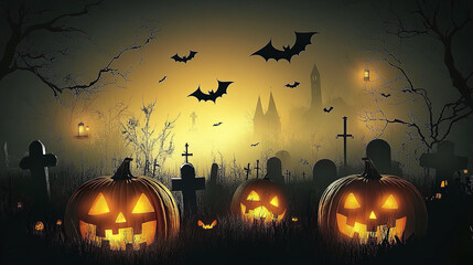 Spooky Halloween background with pumpkins, bats, and graveyard scene