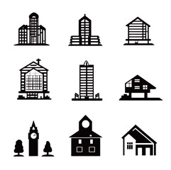Fototapeta premium A collage of various black and white building silhouettes in diverse architectural styles.