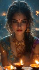 Indian Woman in Traditional Attire during Diwali with Candlelight