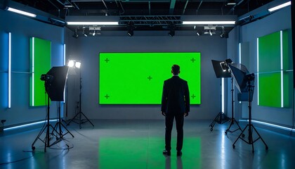 Man facing green screen studio.