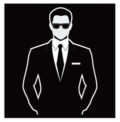 Stylish man in a suit and sunglasses with a confident pose against a black background.