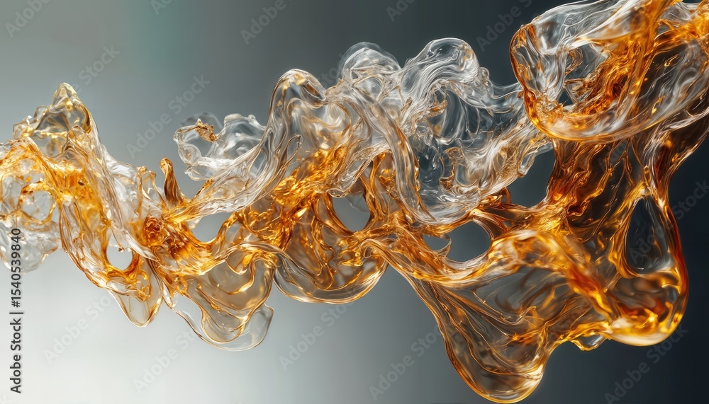 Poster a mesmerizing swirl of golden and transparent fluid creates an abstract, ethereal form against a sof