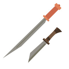 Two historical seax swords, including a long seax and a shorter broken-back seax. Medieval weapon design.  Flat style hand drawn vector illustration