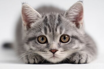 A gray tabby kitten focused with golden eyes against a blurred white background lying down with paws visible