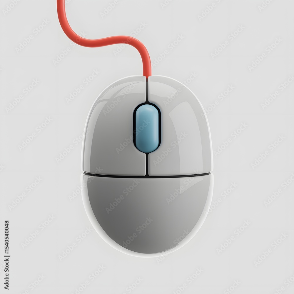 Poster cute 3d cartoon computer mouse with red cord and blue scroll wheel in minimal kawaii style rendered 