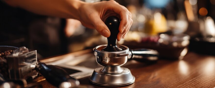 The barista using a tamper to prepare a perfect espresso shot.