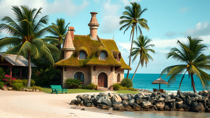tropical beach with palm trees and sea