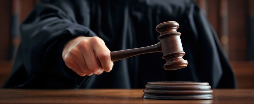 The judge striking the gavel in a solemn courtroom setting.