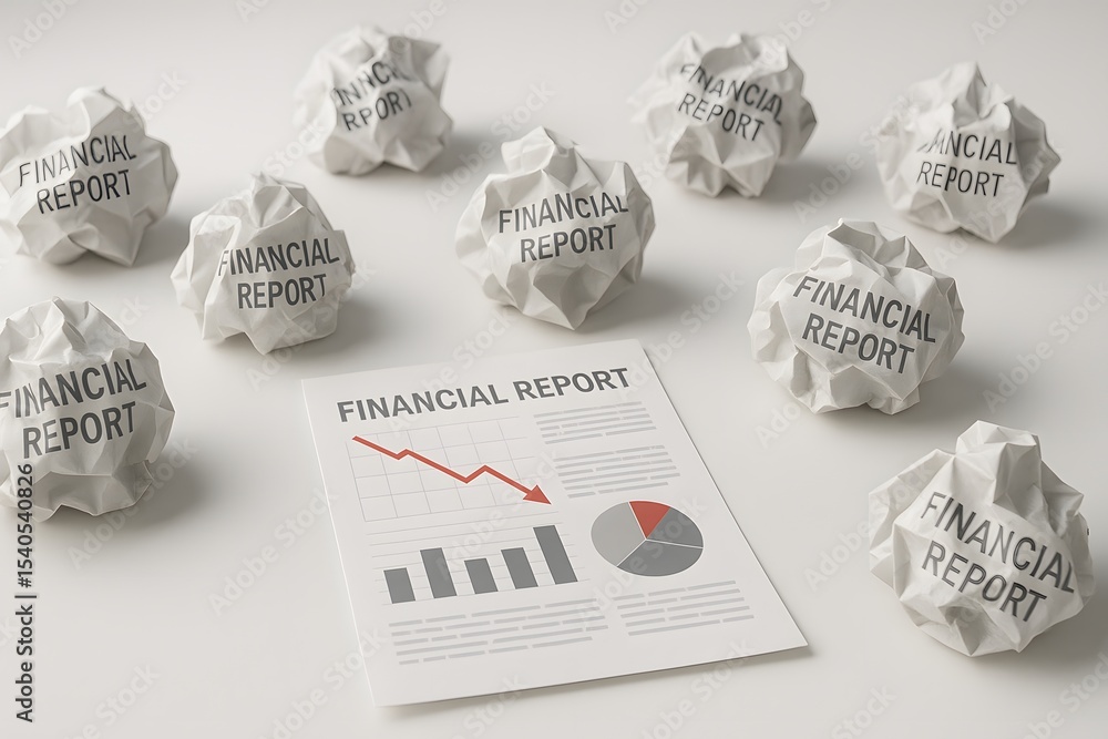 Poster Financial Report Concept with Crumpled Paper and Graphs on Table