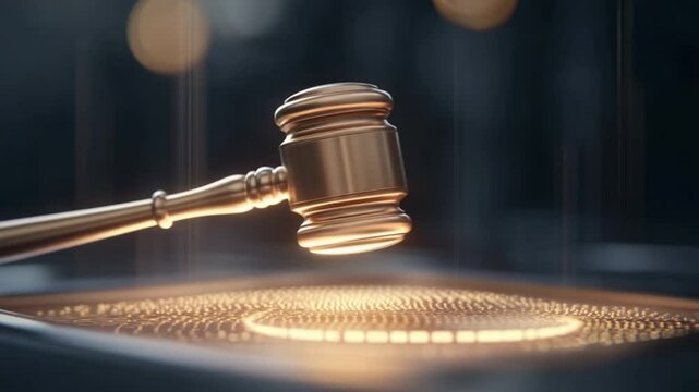 Gavel of Justice: A golden gavel rests on a circular, glowing surface, symbolizing justice, law, and order. The background subtly suggests a courtroom setting, enhancing the image's dramatic effect.