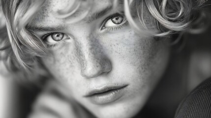 Close-up Black and White Portrait of a Young Person with Freckles
