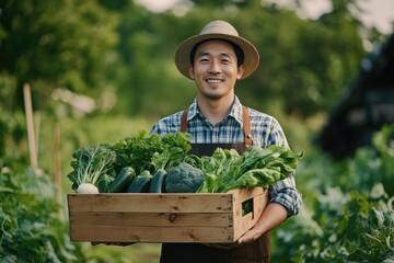 Portrait of Asian Farmer Man Holding Wooden Box Full of Fresh Raw Vegetables Organic Farm Concept