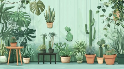 Lush Green Botanical Wall Decor featuring Succulents Cacti and Tropical Plants in Pots
