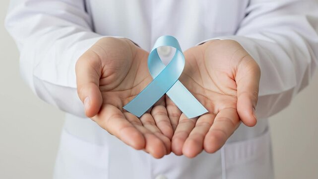 Prostate Cancer Awareness: Doctor Holding Blue Ribbon - Support, Prevention, Early Detection & Men's Health