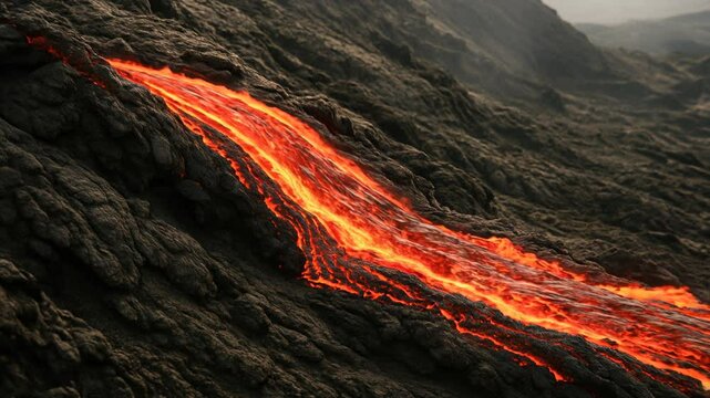 A vivid stream of hot, glowing lava flows over dark volcanic rock in a rugged landscape.