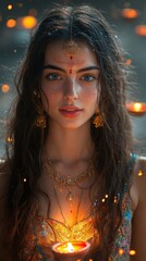 Portrait of Indian Woman with jewelry Holding a Lit Candle for Diwali Festival