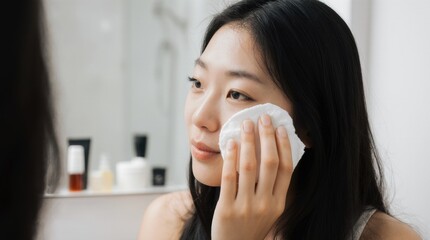 Young Asian woman using a cotton pad for skincare in the bathroom with products in the background