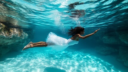 Woman in a white dress gracefully swims underwater in a serene pool during daytime