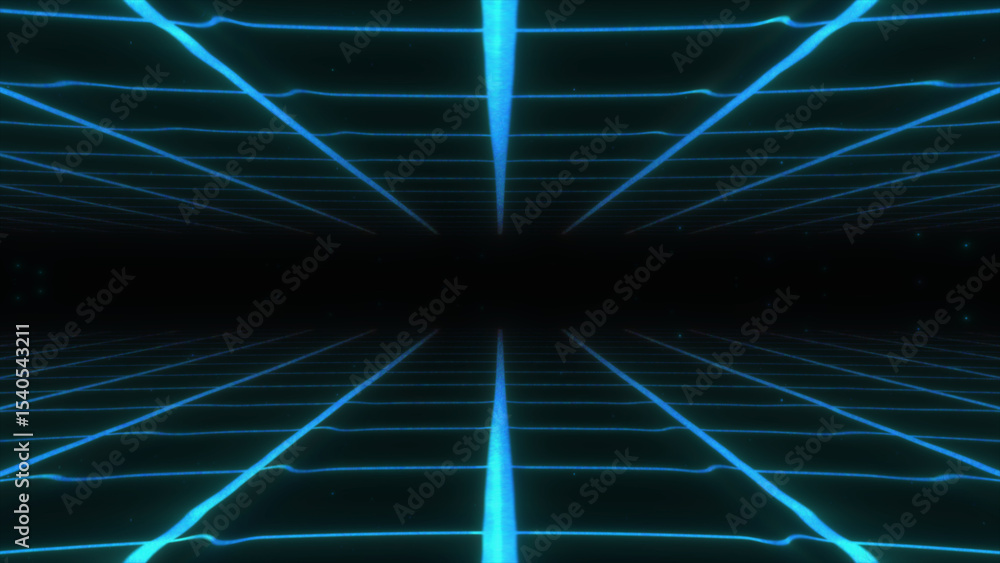 Poster double neon grid on black background retro 80s style. blue grid line retro background material