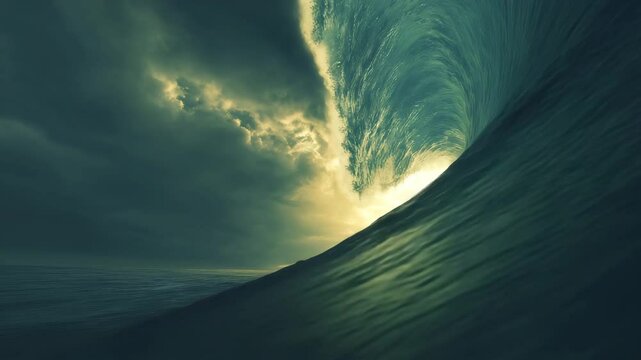 Tsunami ocean wave motion, tsunami motion waves, Dark sea pulling back before a giant wave forms, seabed exposed under dramatic sky