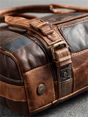 a detailed view of a handcrafted leather bag is presented, highlighting its rugged texture and aged appearance
