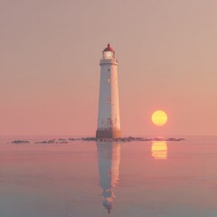 Fototapeta premium A solitary lighthouse stands on calm water during a pastel sunset, casting a serene reflection and peaceful ambiance