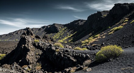 Barren volcanic landscape with sparse vegetation