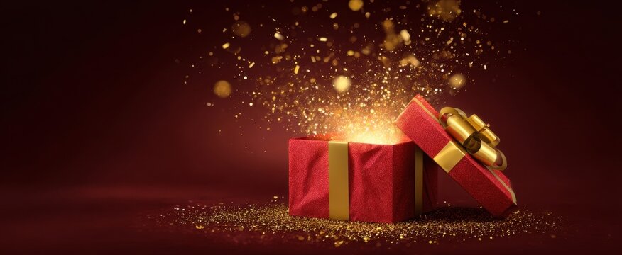 The magical red gift box bursting with golden sparks of joy.