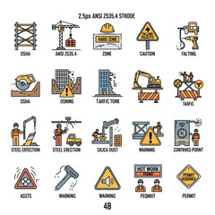 Construction Safety Icons: A comprehensive collection of vector icons illustrating various construction safety elements.