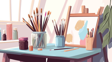 The image is a digital illustration depicting an artist's workspace.  The main focus is a light blue table holding several glass jars filled with various paintbrushes of different sizes and colors.