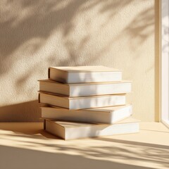 A stack of closed books sits in warm sunlight near a window, casting soft shadows on a textured beige surface and wall