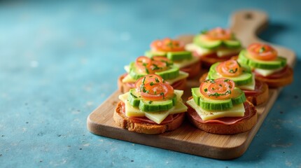 Mediterranean snacks with avocado, jamon, cheese on toasted bread, blue background, styled for food photography and menu.