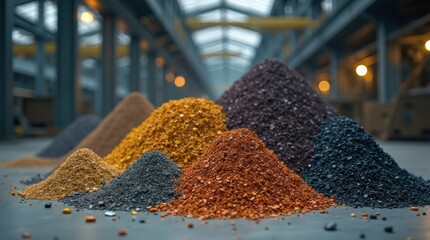Assorted rare earth metals and ores stacked in factory, extraction and refinement for electronics and clean energy, global resources.