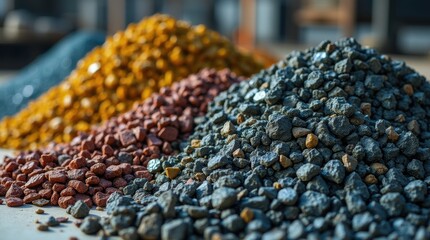 Assorted rare earth metals and ores stacked in factory, extraction and refinement for electronics and clean energy, global resources.