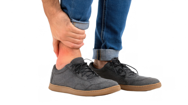 Man experiencing intense ankle pain, highlighted by a red glow, holds his injured joint while wearing casual shoes and jeans, against a transparent background - Powered by Adobe