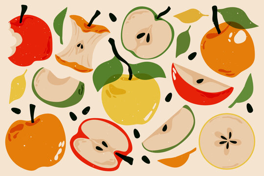 Ripe apples. Fresh apple fruits with leaves, linocut apples whole and cut pieces, abstract tropical fruit with leaf, peel, natural organic sweet sour ingredients. Vector risograph set