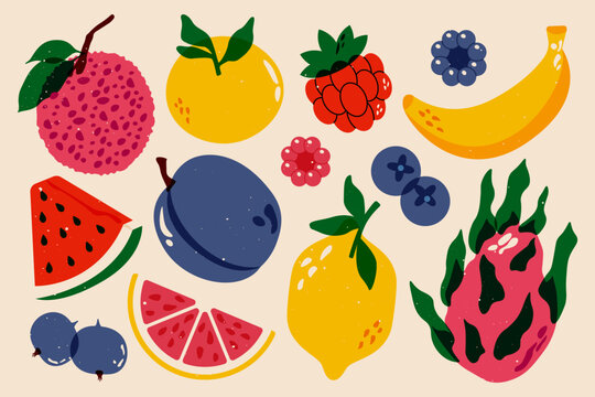 Fruits and berries. Vintage nature print with orange, dragon fruit, plum, watermelon, grapefruit, blackberry, blueberry, raspberry, lemon risograph style. Vector retro fruit set