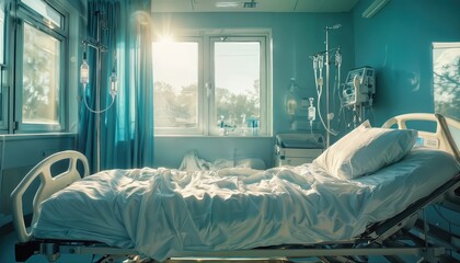 a softly lit, empty hospital room features a made bed with medical equipment and a view of trees through the window.