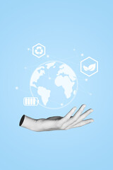 Collage design composite trend artwork sketch of hand hold hologram earth planet energy pollution care eco protection environmental globe