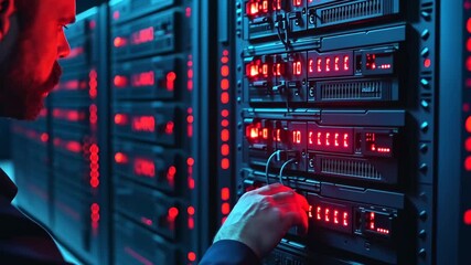 Man adjusting server equipment in a data center with red LED lights and dark blue ambient lighting. 4K video - Powered by Adobe