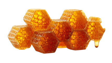 A close up of honeycomb honey with a drop of honey dripping from it