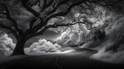 Infrared Serene Winding Road Through Monochrome Forest