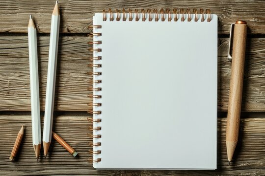 Vibrant Picture of a Collection of White Notebooks Pens and Pencils Are on a Wooden Table
