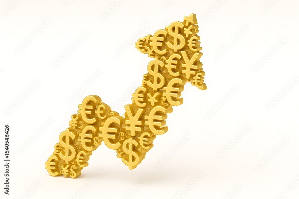 Poster arrow shape created from currency symbols representing financial growth